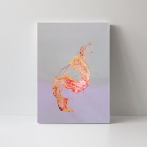 Multicolor abstract canvas art featuring a fluid acrylic pour on a grey and lavender background, leaning against a white wall.