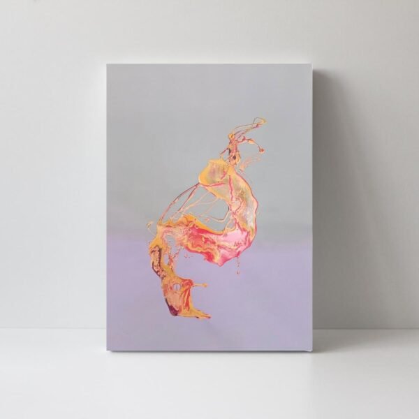 Multicolor abstract canvas art featuring a fluid acrylic pour on a grey and lavender background, leaning against a white wall.